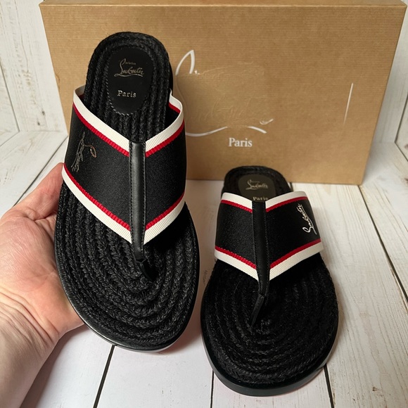 Christian Louboutin Hot Flip Espadrille Flip Flop Sandal Black Multi Sz 40 / 7 - Picture 5 of 13